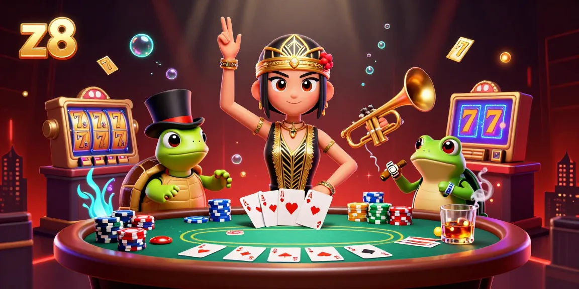 Immerse in the z8 gaming experience with vibrant visuals of a speakeasy bar featuring poker and slot games.