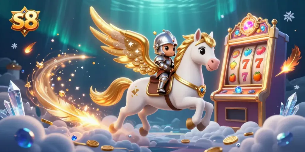S8 offers thrilling gameplay with the celestial steed and knight navigating a lively slot machine scene.