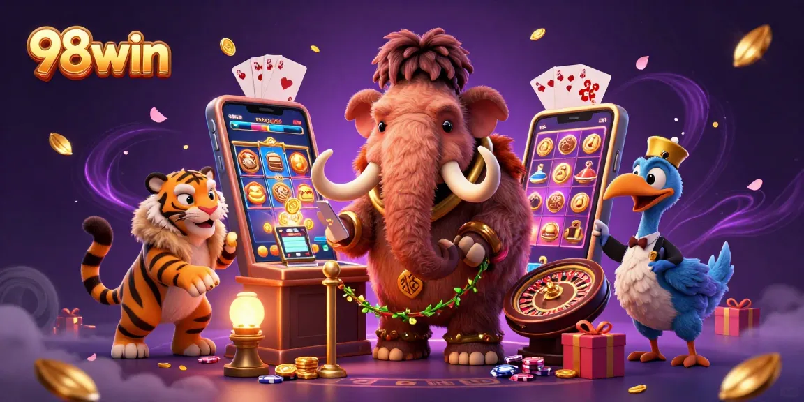 Engage with 98win at a vibrant casino scene featuring a woolly mammoth bouncer, saber-tooth tiger VIP, and playful elements.