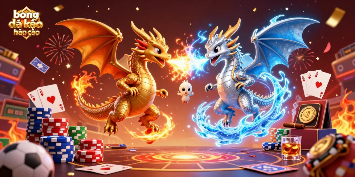 Engage in bóng đá kèo nhà cái excitement with gold and silver dragons amidst dynamic sports betting atmosphere.