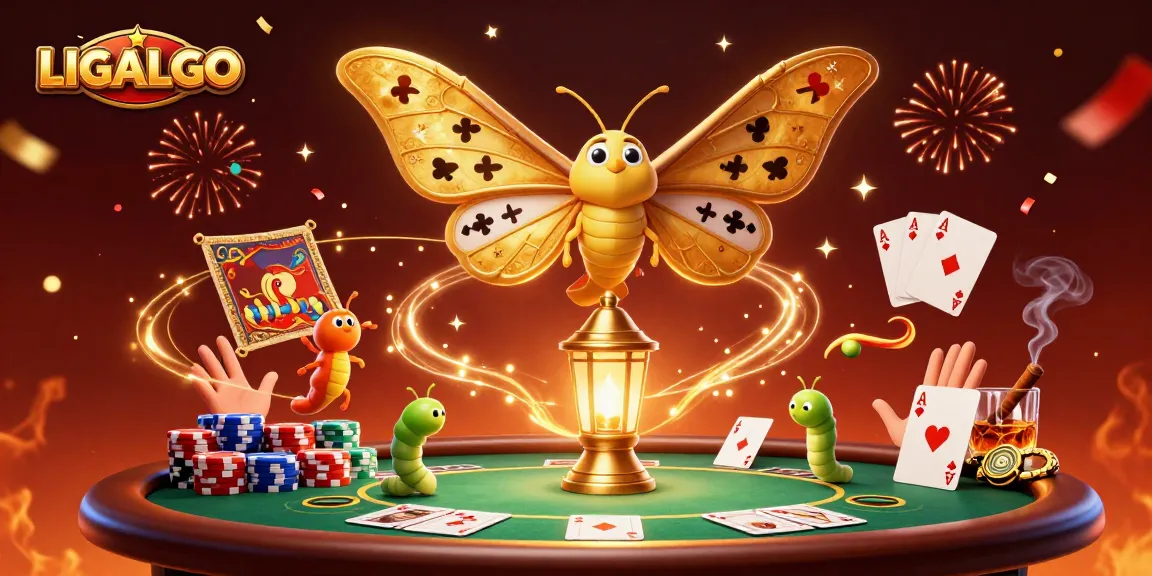 Experience the thrill of LIGALGO with a vibrant casino scene filled with card suits and poker elements.