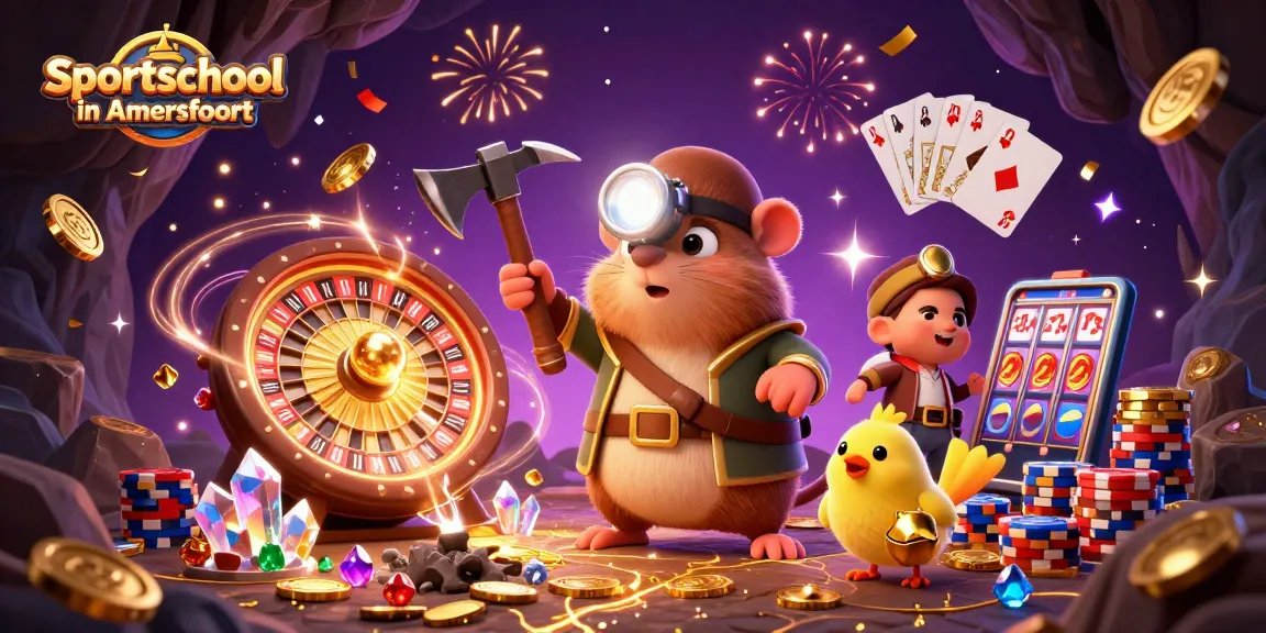 Engage in thrilling casino action with Sportschool in Amersfoort featuring treasure hunters, golden coins, and vibrant game elements.