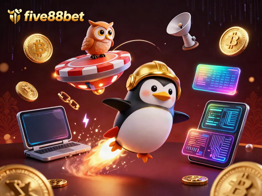 At five88bet, experience thrilling gaming visuals featuring a rocket-powered penguin flying towards a poker chip casino.