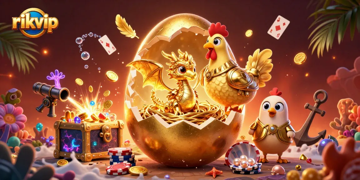 Experience the excitement of rikvip's immersive gaming world with a golden dragon and poker chips.