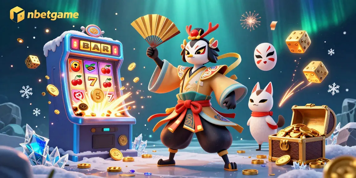nbetgame's kabuki warrior and kitsune companion celebrate at a bursting slot machine with vibrant casino elements.