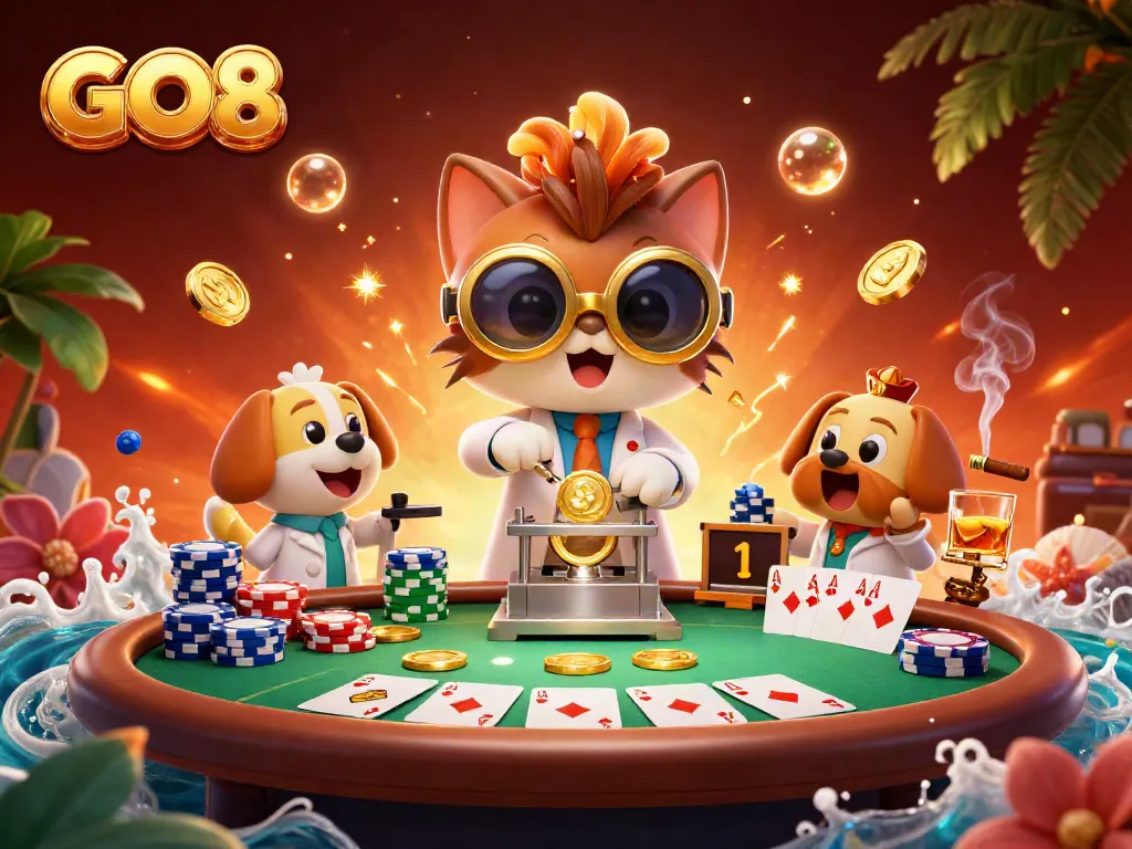 GO8's mad scientist cat and loyal lab assistant dog create exciting casino adventures with poker chips and golden coins.