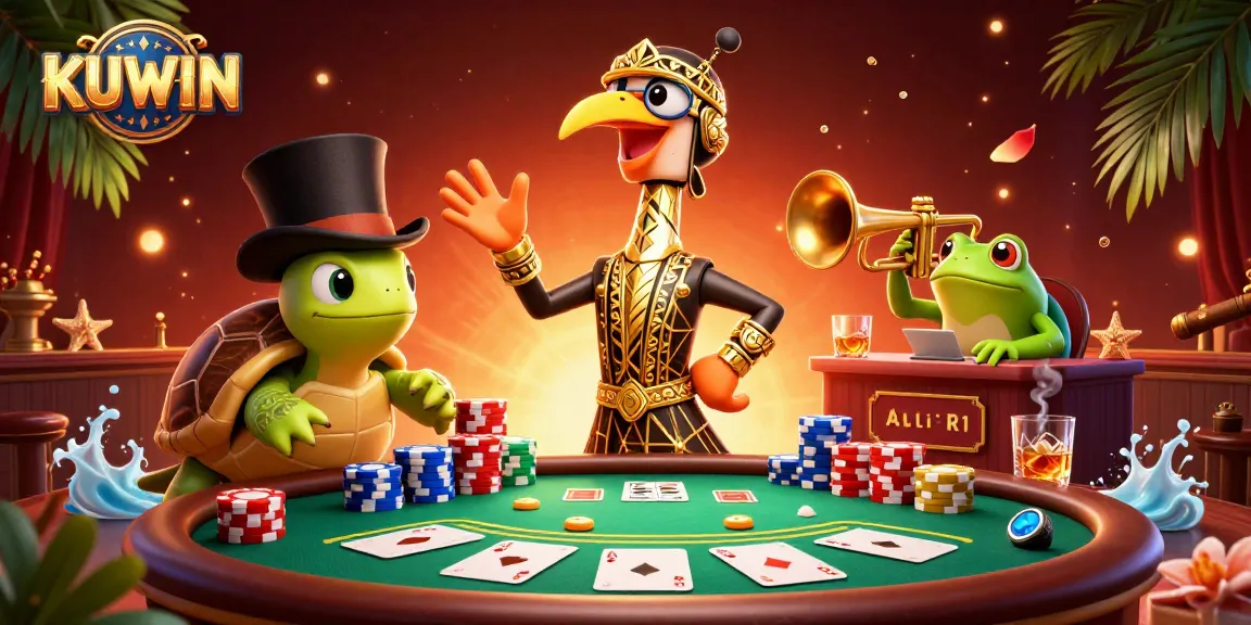 Experience thrilling gameplay with KUWIN at a vibrant casino scene filled with poker elements.