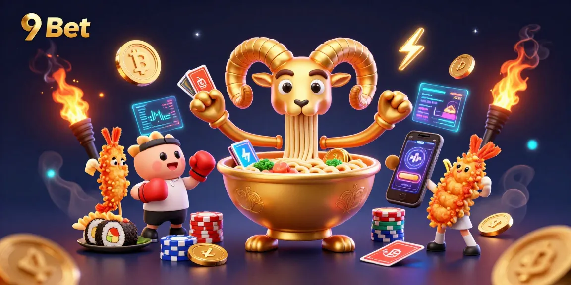 Showcase a vibrant 3D scene featuring 9Bet characters engaging in a rich fantasy gambling environment.