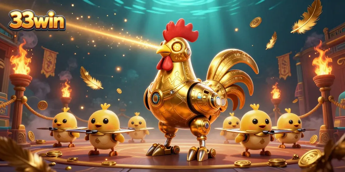Experience thrilling action with 33win's golden rooster robot, surrounded by vibrant casino elements.