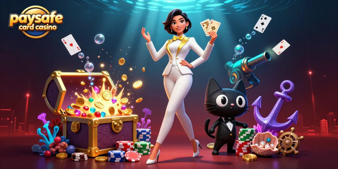 Ansprechende Szene eines Paysafe Card Casinos mit glamourösem Charakter, lebhaften Schätzen und dynamischen Spielelementen.