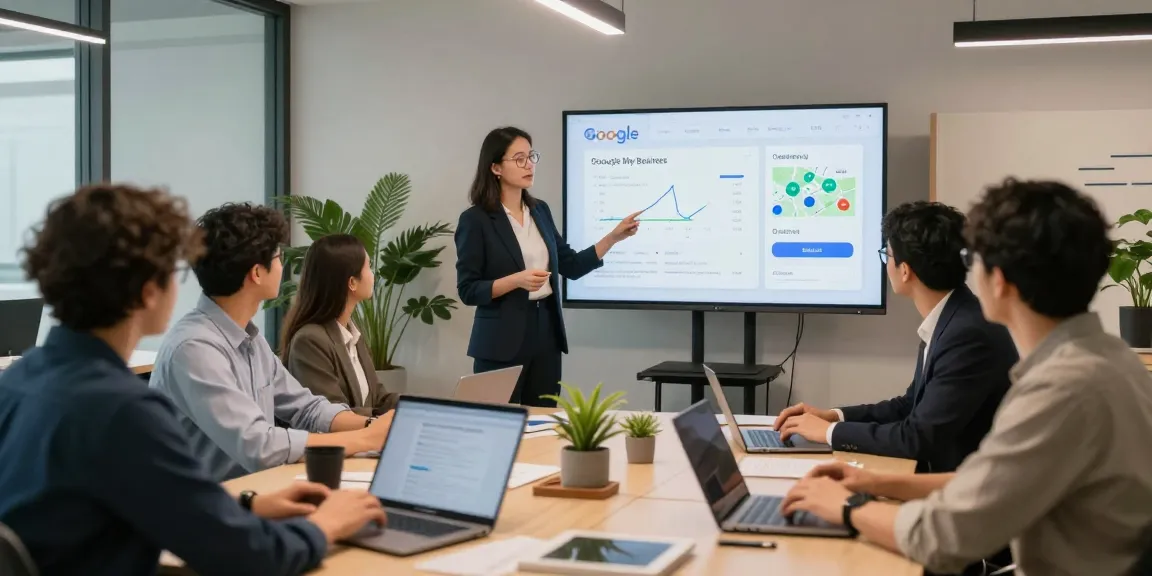 Servicios de agencia google my business con profesionales colaborando y analizando datos de Google Maps.