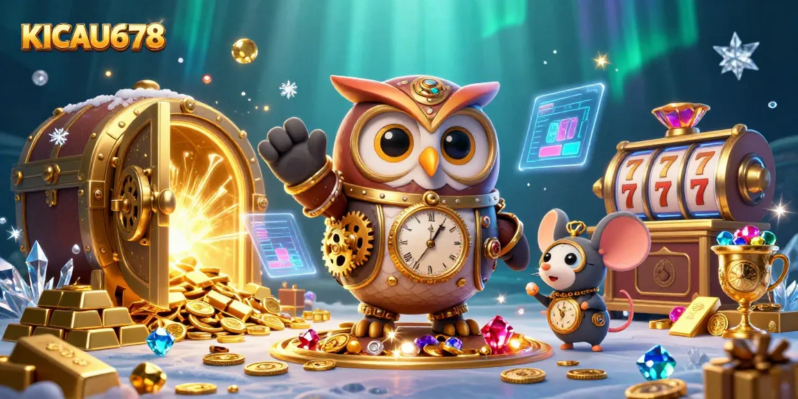 KICAU678's captivating 3D illustration showcases a time-traveler owl amidst a vibrant casino scene filled with gold treasures.