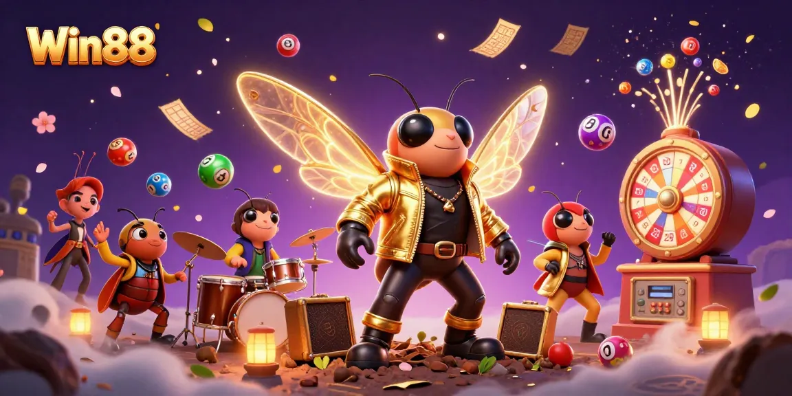 Win88 illustrates the vibrant energy of online gambling with dynamic lottery elements and exciting characters.