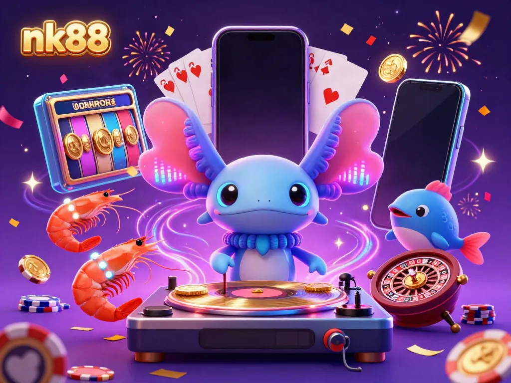Engage with nk88's vibrant gaming scene featuring lively characters amidst slot game excitement.