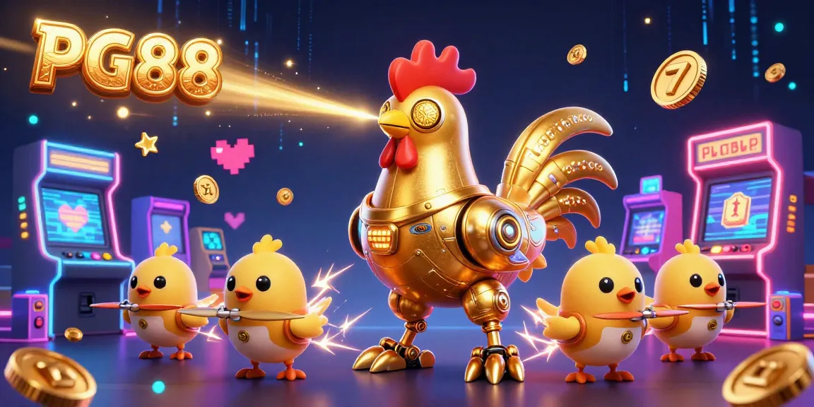 PG88 showcases a vibrant scene of a golden rooster robot in a lively casino setting, engaging players.