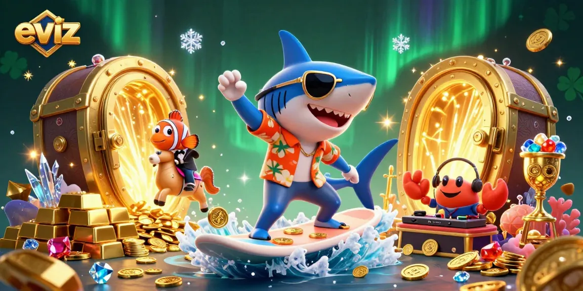 eviz illustrates a thrilling casino scene with a hammer-head shark surfing on coins.
