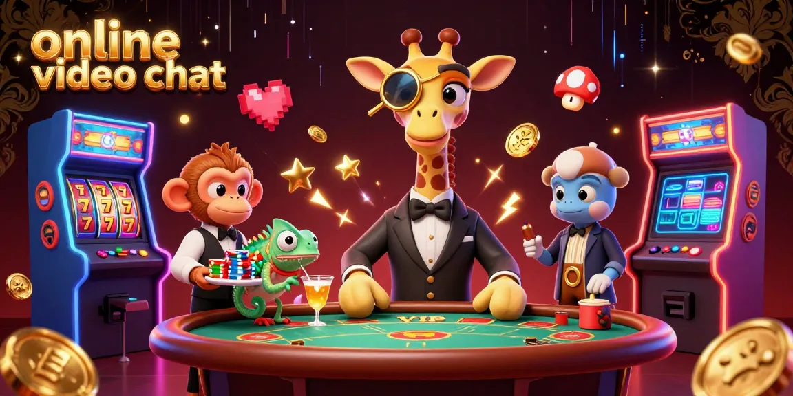 Engage in thrilling online video chat as a high-roller giraffe meets a monkey valet in a vibrant casino atmosphere.