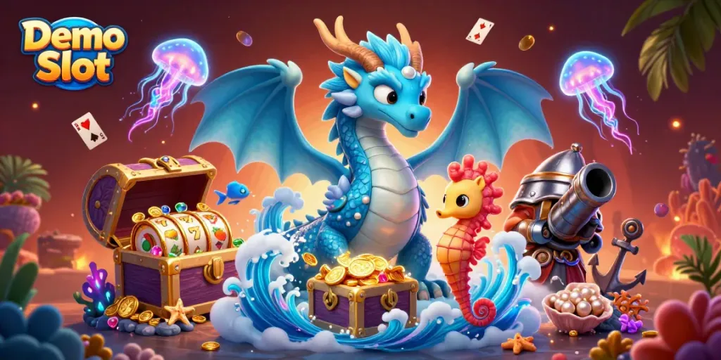 Spin and win with Demo Slot, featuring vibrant dragons, treasures, and slot reels in an enchanting underwater scene.