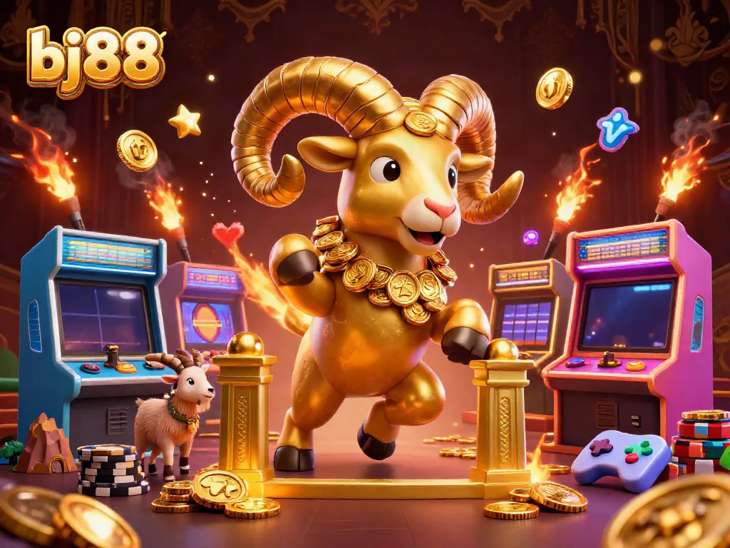 Experience excitement with bj88 as a golden ram charges through a vibrant casino scene.