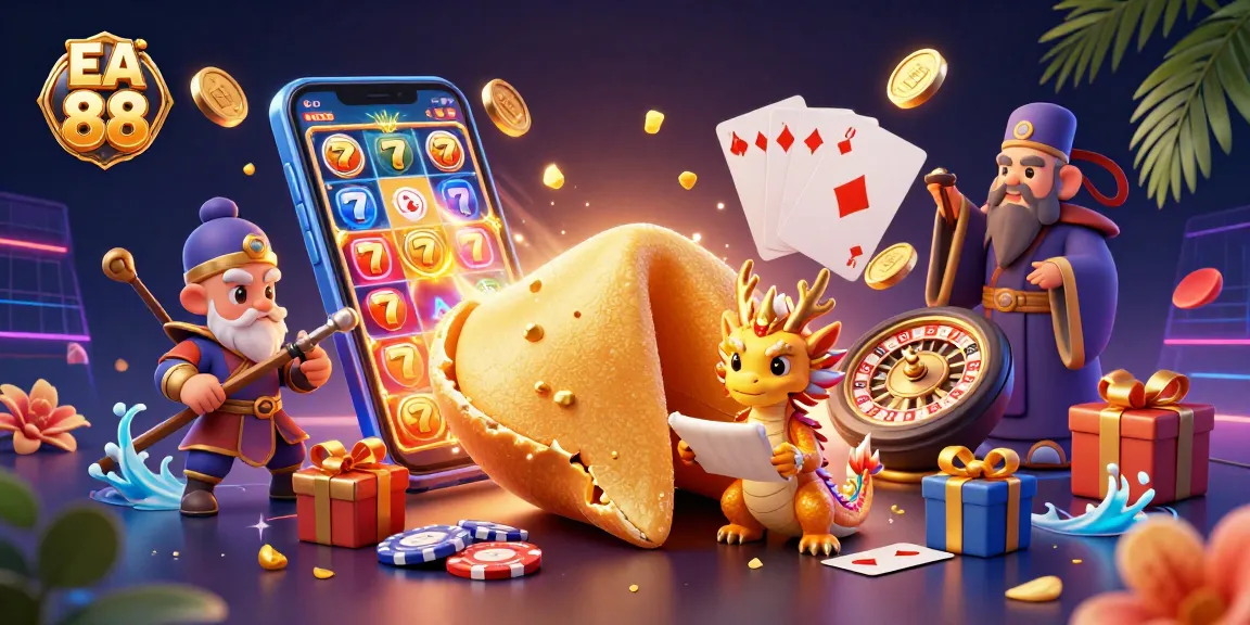 Engage with EA 88's vibrant scene featuring a golden fortune cookie with a dragon, slot games, and dynamic casino elements.