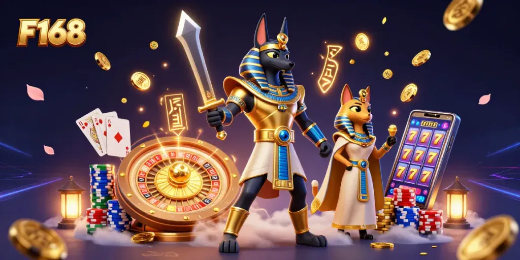 Experience thrilling gameplay at F168 with a dynamic casino scene featuring Anubis and Bastet.