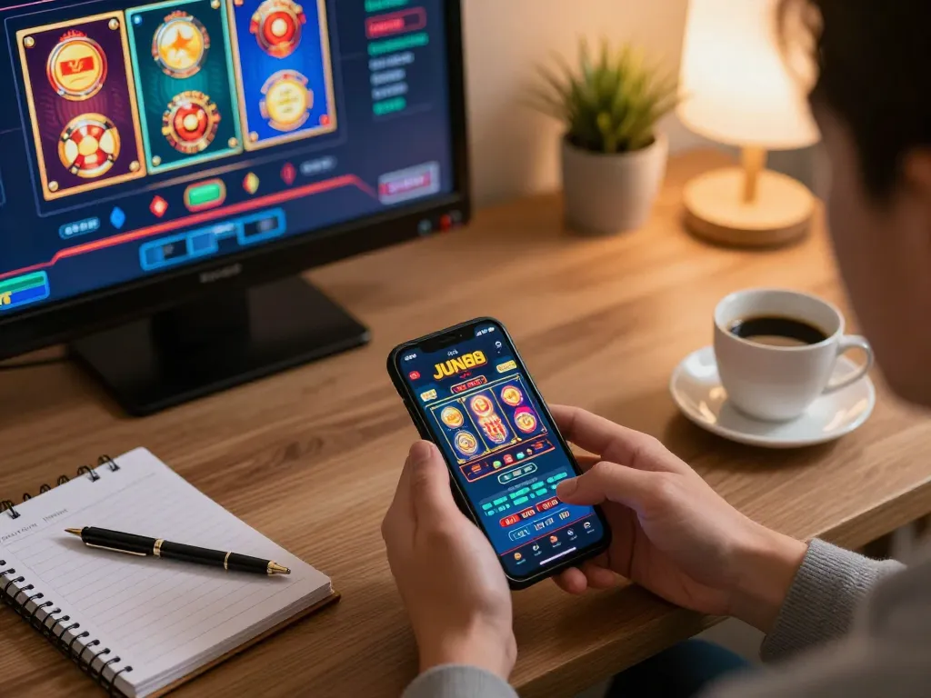 Engaging user exploring the JUN88 casino app on a smartphone in a cozy home setting
