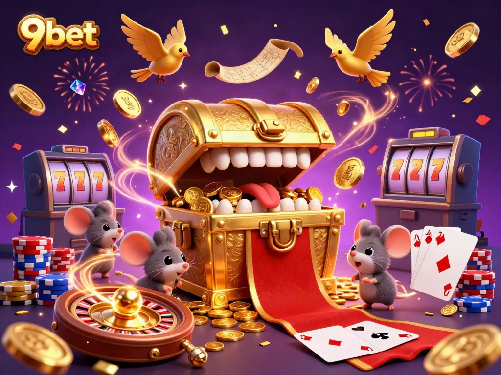 Engaging 9bet online casino scene with a treasure chest, flying coins, and gaming elements.