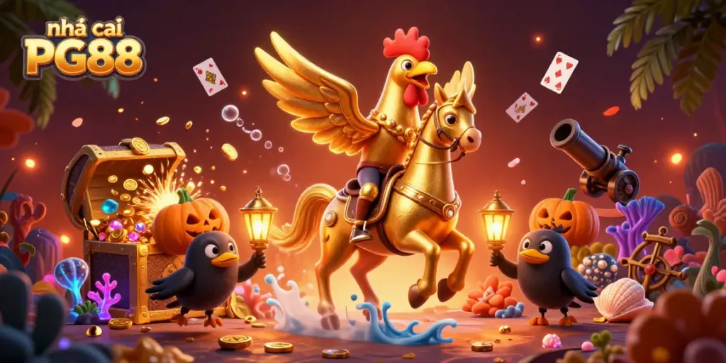 Experience the thrills with nhà cái PG88 in a vibrant casino scene featuring whimsical characters and treasure.
