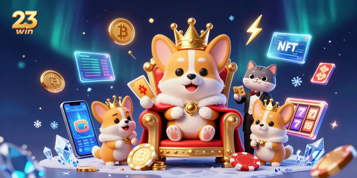 Engage in fun with 23win featuring a royal corgi on a poker chip throne amidst vibrant slot game elements.