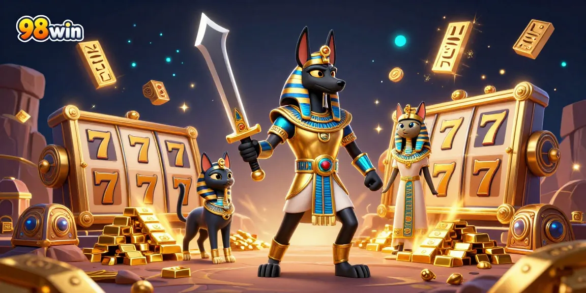 Experience the thrilling world of 98win with vibrant slot games and golden treasures in a dazzling 3D illustration.