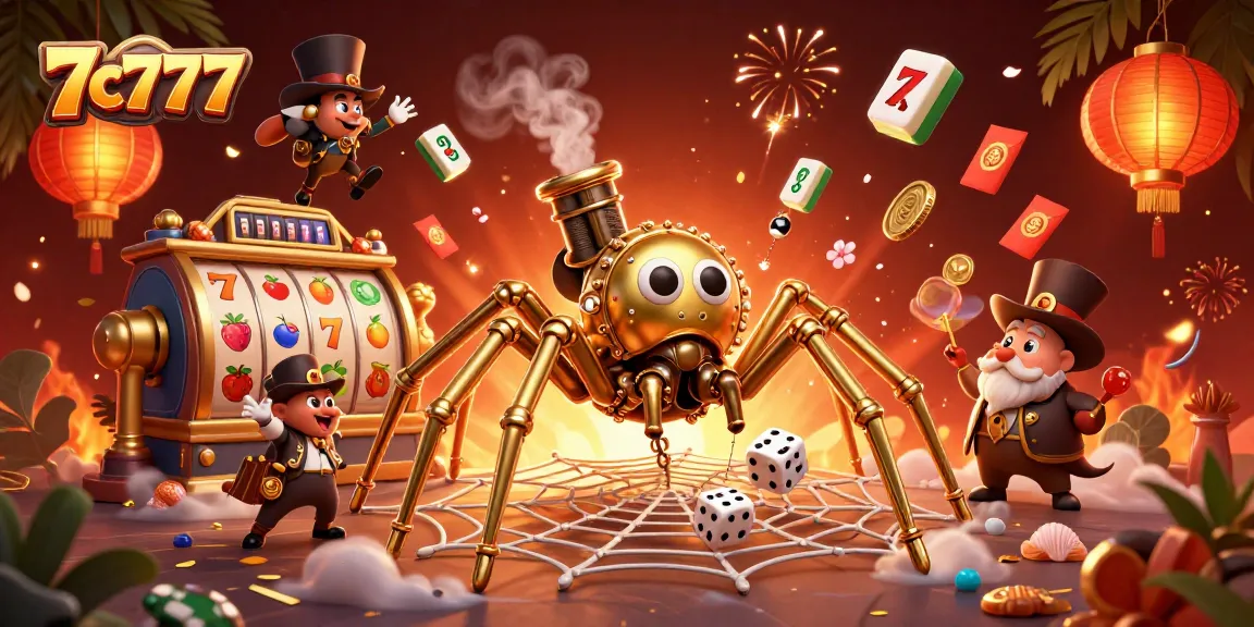Experience thrilling stakes at 7c7777 with a dynamic casino illustration capturing spinning slots and lucky symbols.