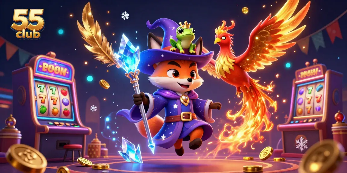 Experience the magic of the 55 club with a mystical wizard fox and phoenix amid casino treasures.