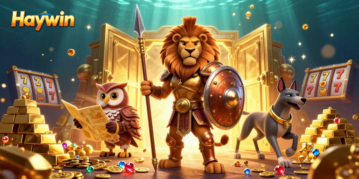 Experience thrilling gaming at Haywin, featuring a heroic Spartan lion and a dynamic casino environment.