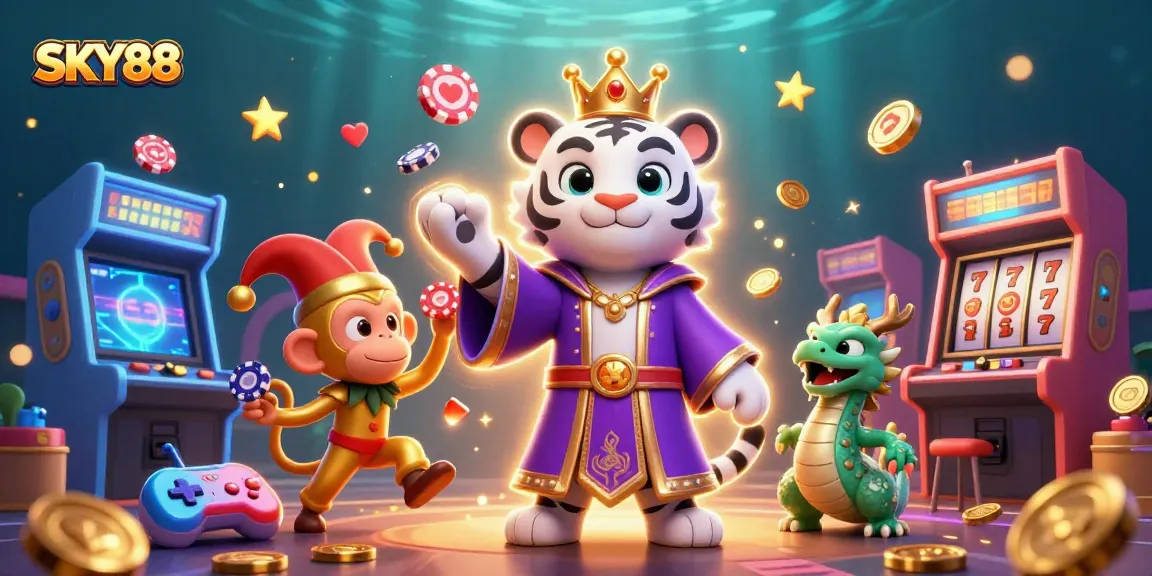 Engage with exciting SKY88 casino gameplay amidst vibrant characters and slots.