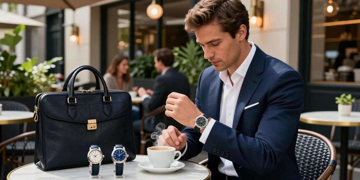 A stylish man showcasing his elegant replica watch while enjoying coffee at a modern café.