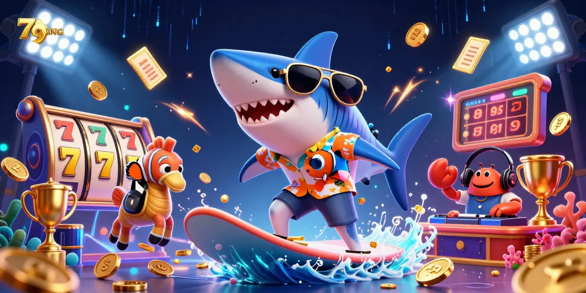 Engage with 79KING's thrilling casino atmosphere featuring a shark, clownfish, and crab amidst dynamic gaming elements.