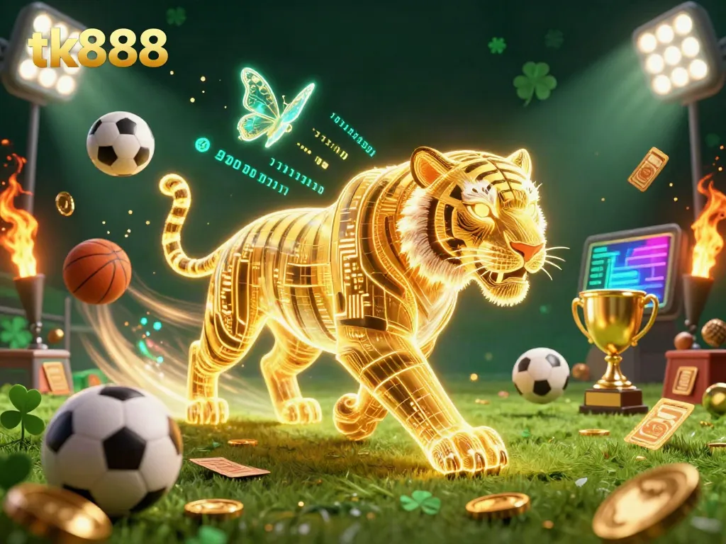 Engage with dynamic sports betting action at tk888, featuring a golden tiger in a vibrant casino landscape.
