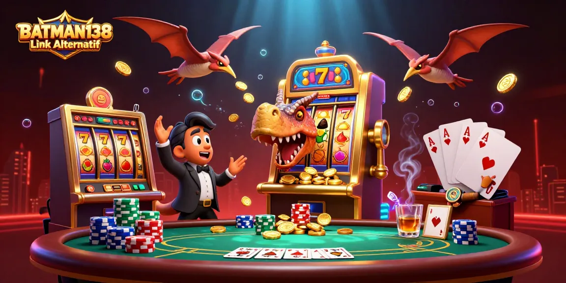 BATMAN138 Link Alternatif, dinosaurus menggedor mesin slot emas memicu jackpot yang membuat koin terbang di kasino.