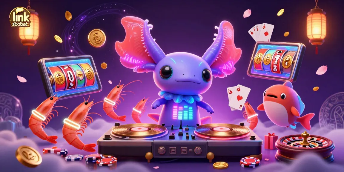 Join the action with link sbobet as a vibrant axolotl DJ spins vibrant games in an underwater casino scene.