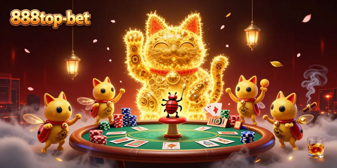 Engage with 888top-bet's vibrant gaming scene, featuring a lucky cat and dynamic poker elements.