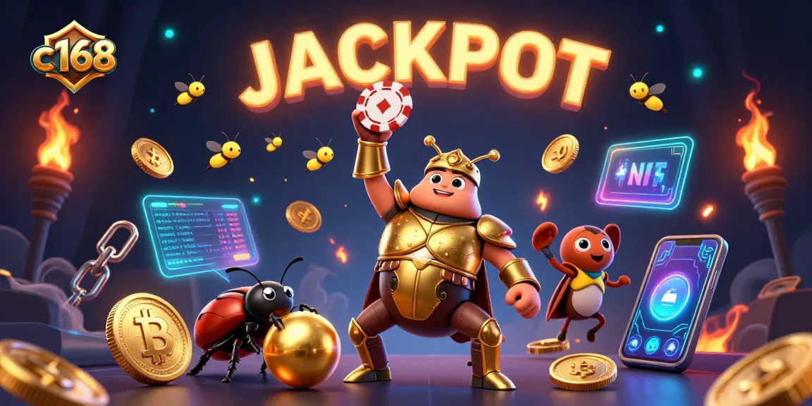 c168 celebrates big wins with a victory beetle and glowing cryptocurrency elements in vibrant casino scene.