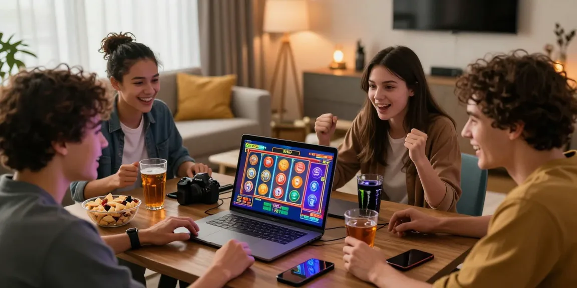 Engaged group enjoying online slot games with deposit tanpa minimal in cozy room.