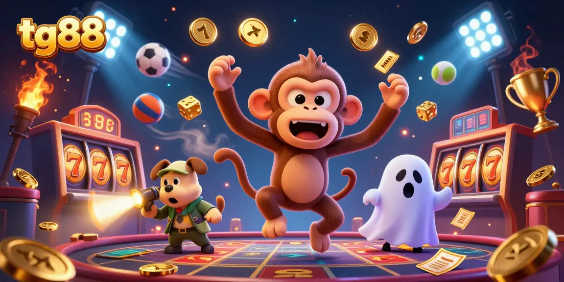 Engage with tg88's thrilling casino adventure featuring a playful poltergeist monkey and a ghost-hunter puppy.
