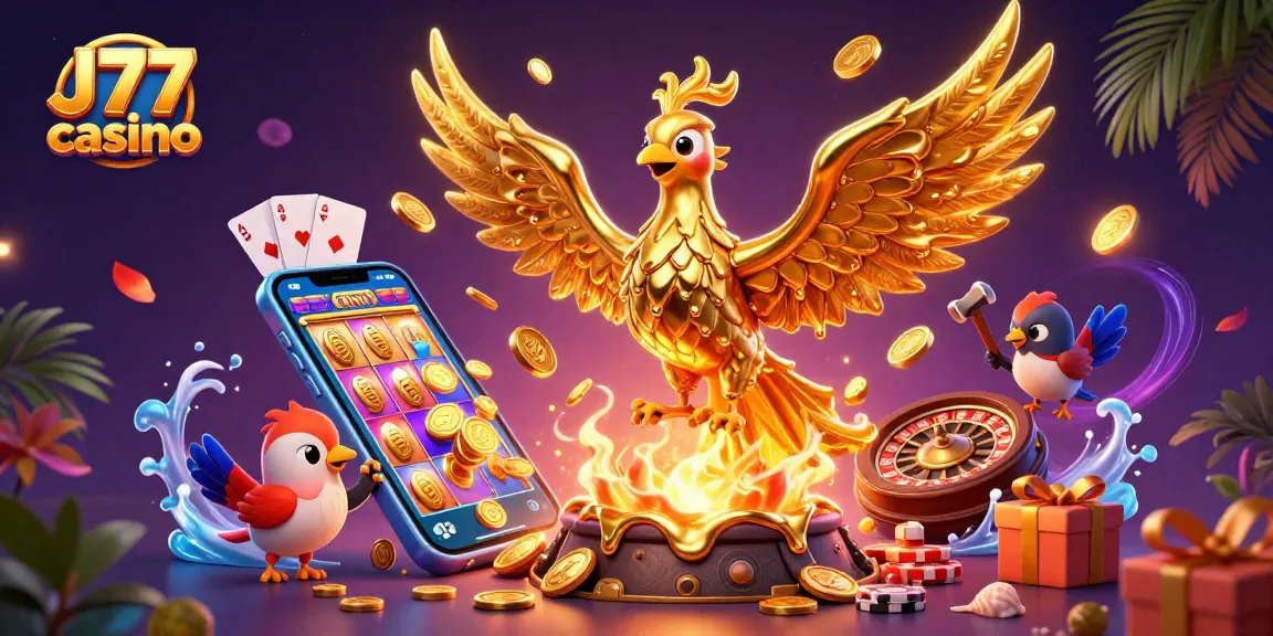 Experience grandeur at J77 casino with a molten golden phoenix and vibrant gaming elements.