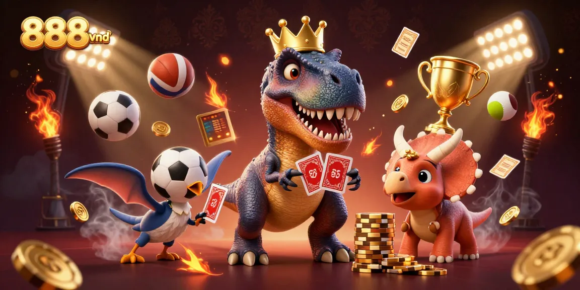 Engage in thrilling action at 888vnd with friendly dinosaurs handling cards and chips amid dynamic sports elements.