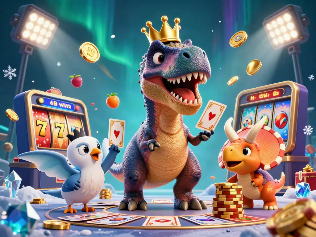 Experience the exciting world of 68win with a T-Rex shuffling cards amid a lively casino scene.