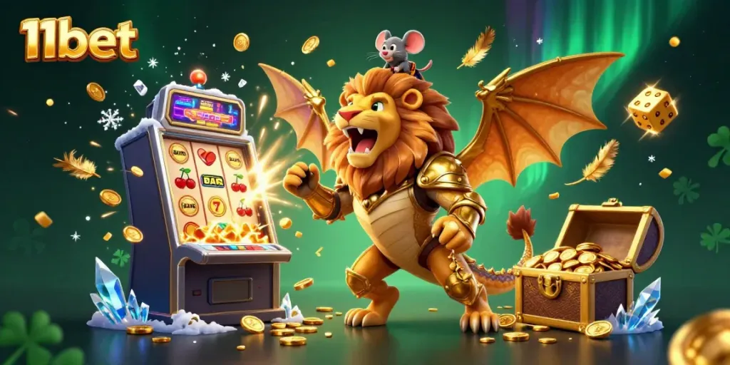 Engage with 11bet at a lively online casino featuring a roaring chimera and slot machines.