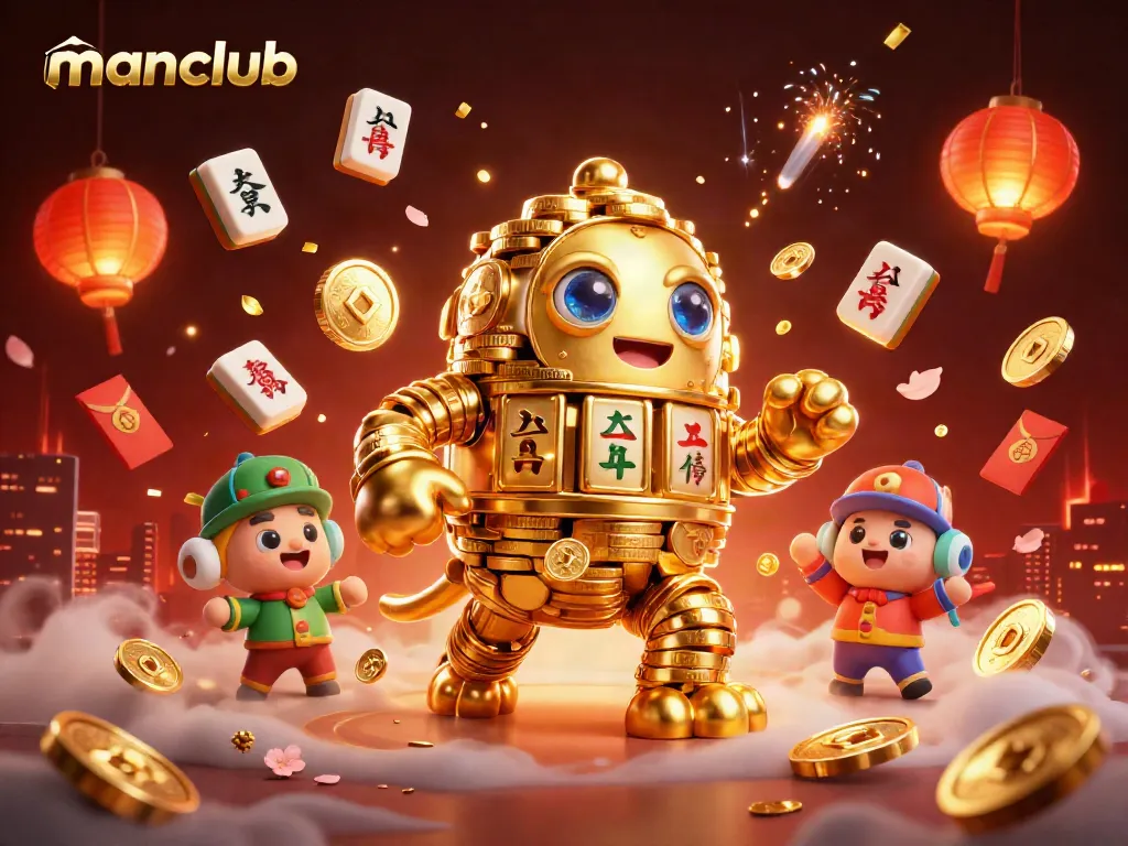 Experience the ultimate jackpot at manclub with an ancient golem made of gold coins amidst vibrant casino elements.