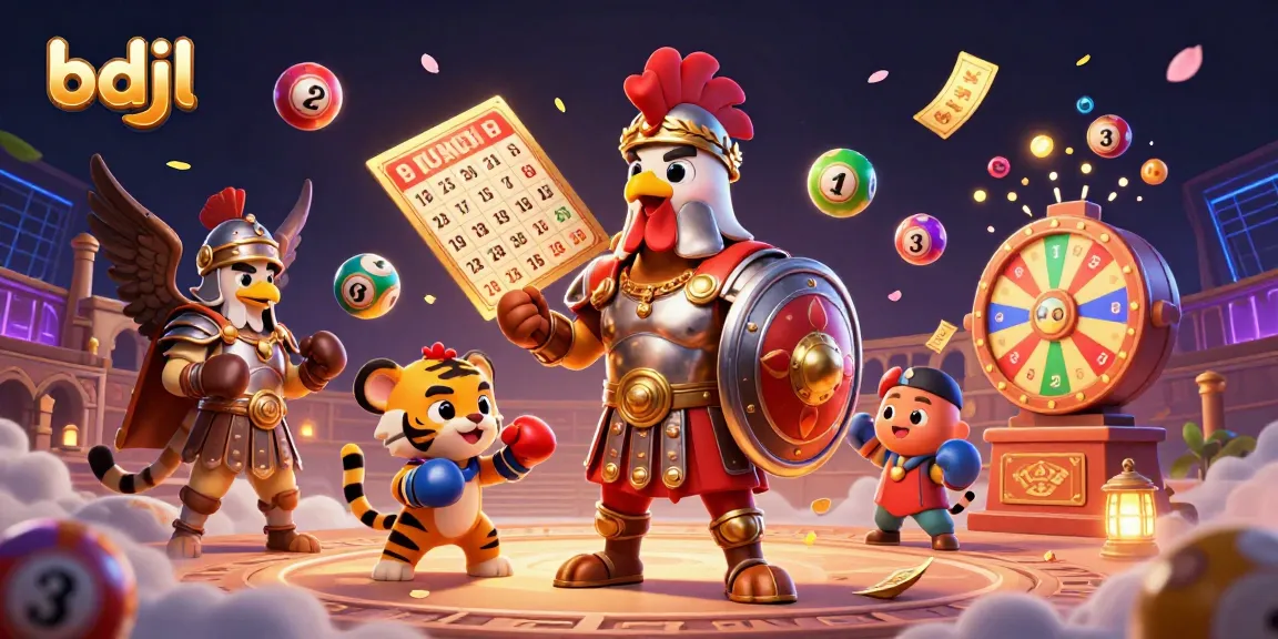 Engage with bdjl's vibrant gaming scene featuring a rooster in armor, vibrant lottery symbols, and a dramatic background.