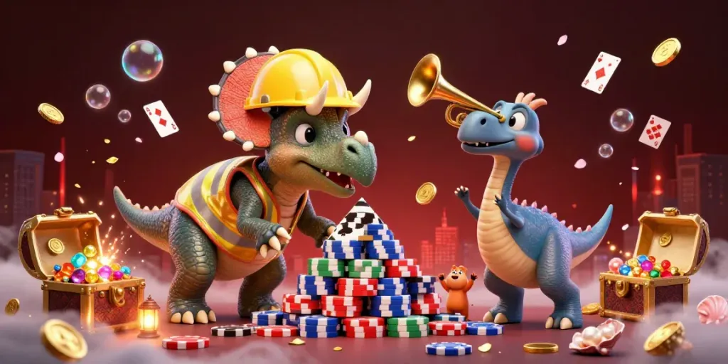 Build excitement with 99ok, featuring triceratops and exciting casino elements in a vibrant scene.